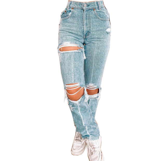 Ladies Denim Pants with Ripped Holes