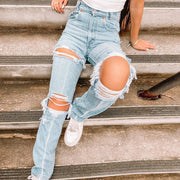 Ladies Denim Pants with Ripped Holes