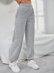 Solid Elastic Waist Slant Pocket Sweatpants