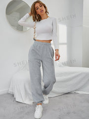 Solid Elastic Waist Slant Pocket Sweatpants