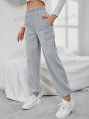 Solid Elastic Waist Slant Pocket Sweatpants