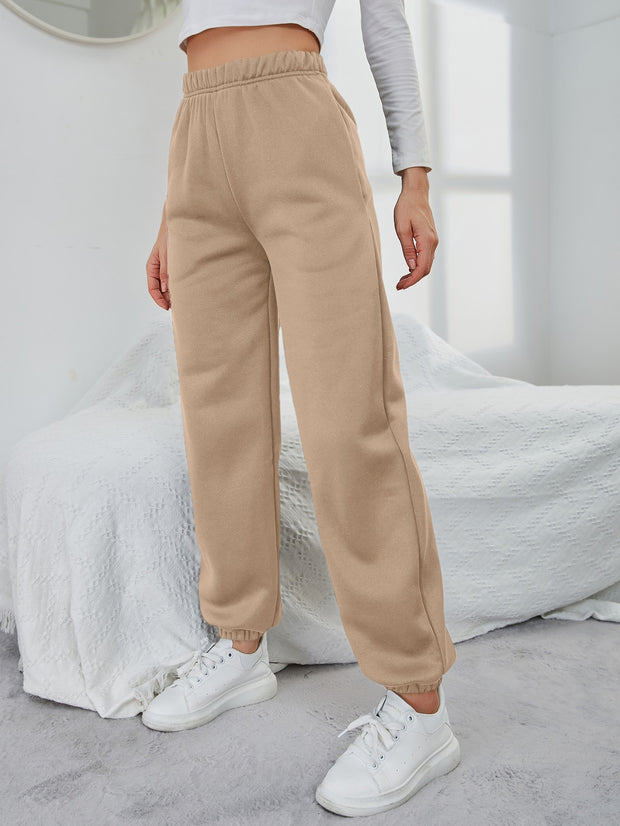 Solid Elastic Waist Slant Pocket Sweatpants