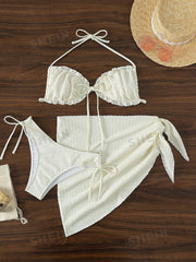 Solid Halter Bikini Swimsuit & Beach Skirt