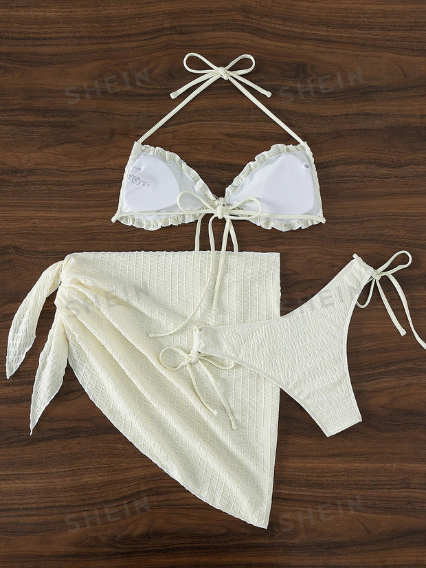 Solid Halter Bikini Swimsuit & Beach Skirt