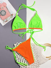 Contrast Binding Halter Triangle Tie Side Bikini Swimsuit