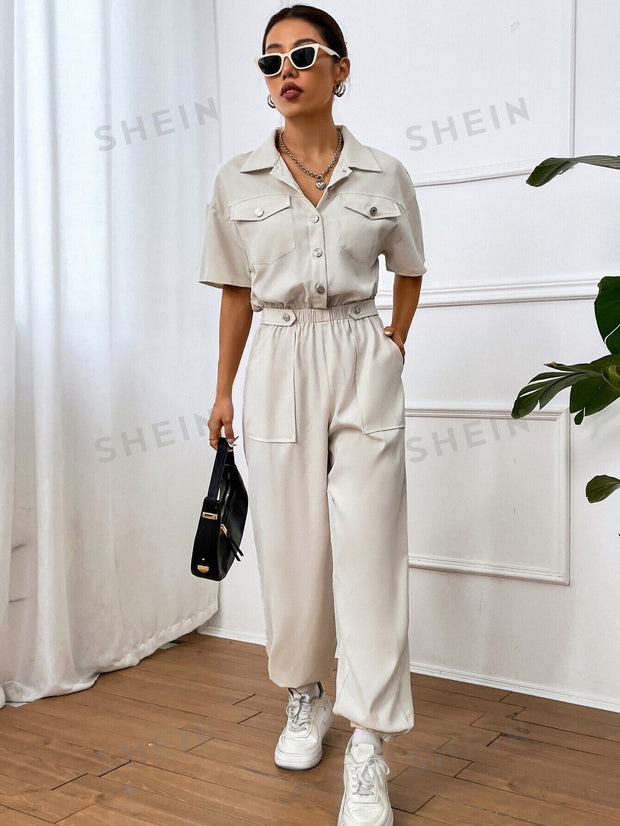 Flap Pocket Drop Shoulder Shirt Jumpsuit