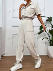 Flap Pocket Drop Shoulder Shirt Jumpsuit