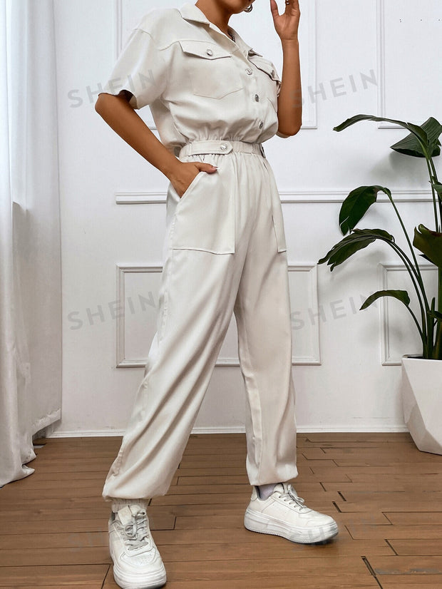 Flap Pocket Drop Shoulder Shirt Jumpsuit