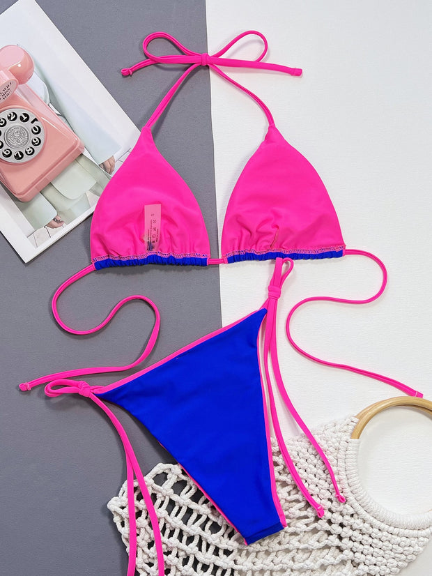 Contrast Binding Halter Triangle Tie Side Bikini Swimsuit