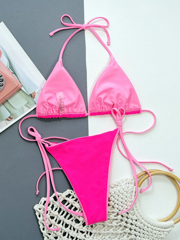 Contrast Binding Halter Triangle Tie Side Bikini Swimsuit