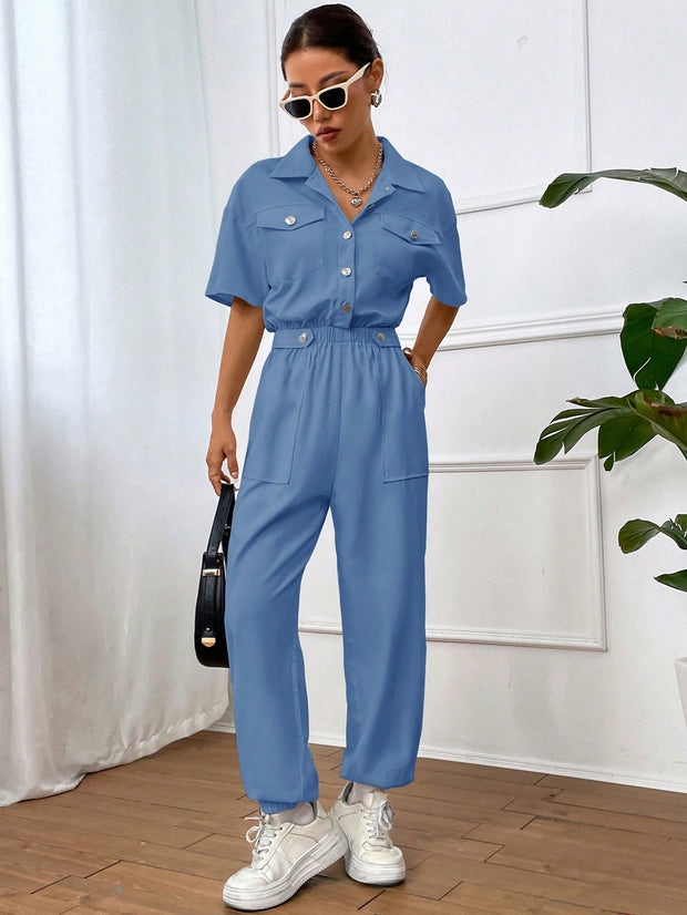 Flap Pocket Drop Shoulder Shirt Jumpsuit