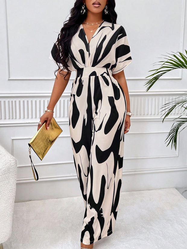 Lady Allover Print Batwing Sleeve Shirt Jumpsuit