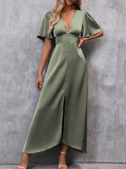 Plunging Neck Butterfly Sleeve Split Thigh Satin Dress