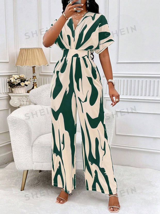 Lady Allover Print Batwing Sleeve Shirt Jumpsuit