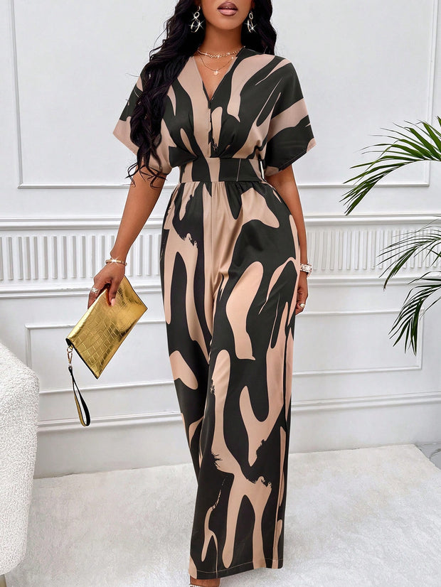 Lady Allover Print Batwing Sleeve Shirt Jumpsuit