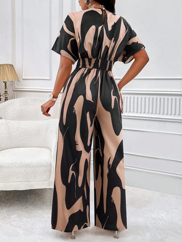 Lady Allover Print Batwing Sleeve Shirt Jumpsuit