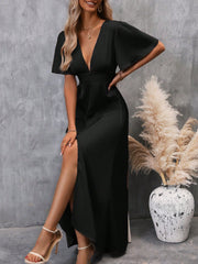 Plunging Neck Butterfly Sleeve Split Thigh Satin Dress