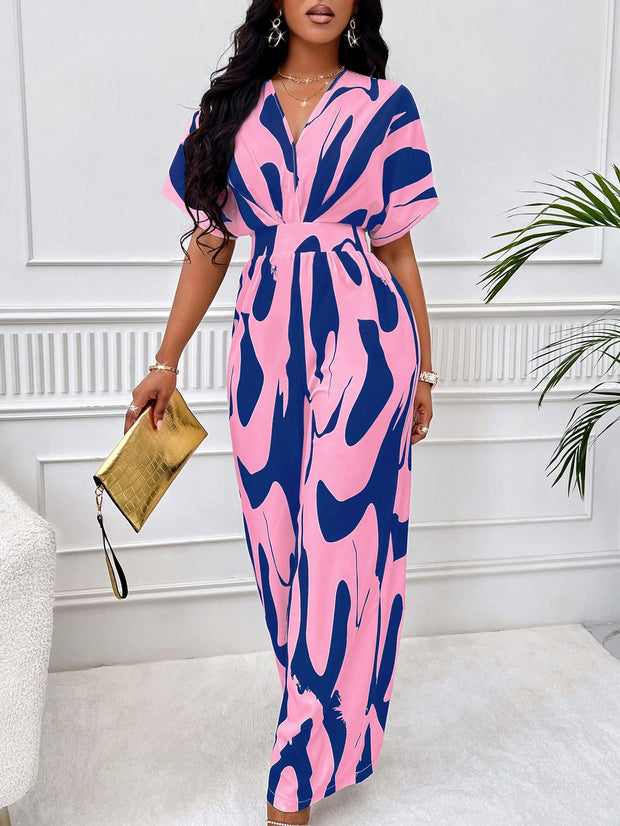 Lady Allover Print Batwing Sleeve Shirt Jumpsuit