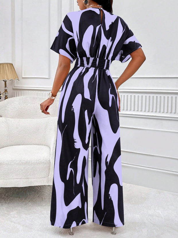 Lady Allover Print Batwing Sleeve Shirt Jumpsuit