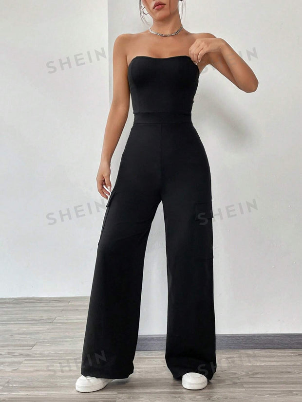 Solid Flap Pocket Side Tube Jumpsuit