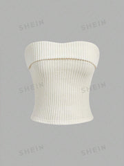 EZwear Solid Color Ribbed Knitted Strapless Top