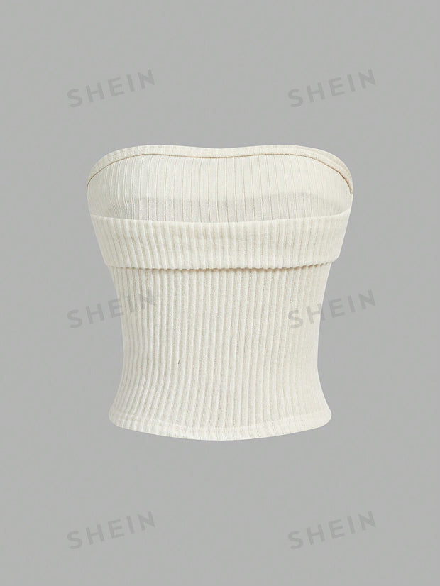 EZwear Solid Color Ribbed Knitted Strapless Top