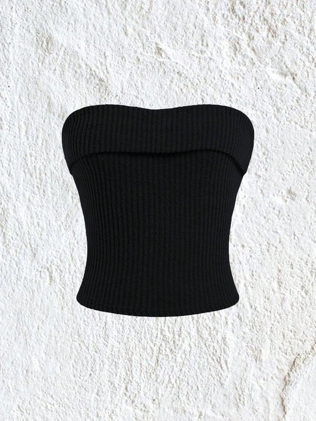 EZwear Solid Color Ribbed Knitted Strapless Top