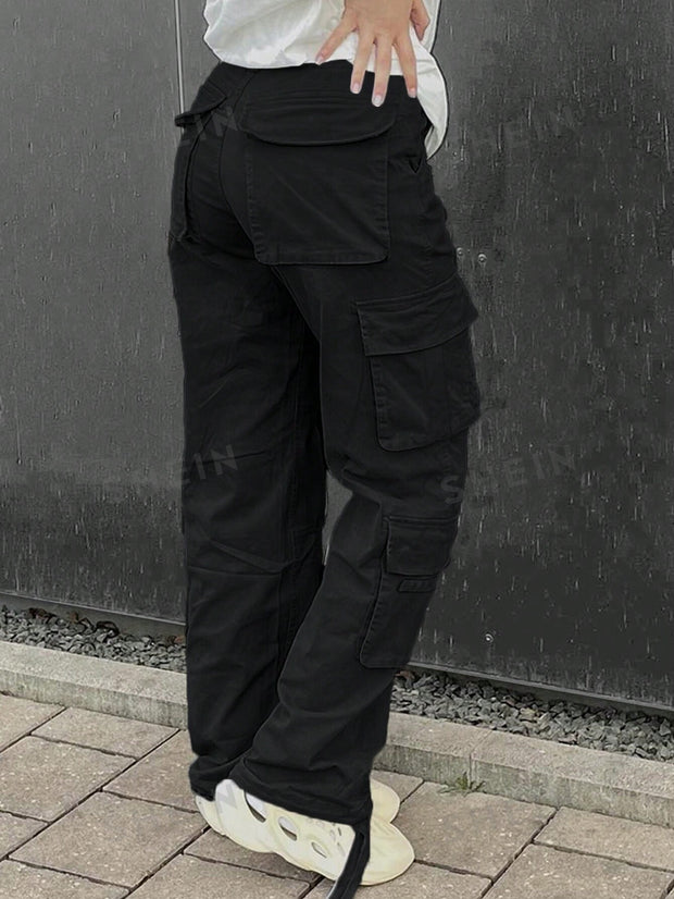 Women's Solid Color Side Flap Pocket Cargo Pants