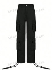 Women's Solid Color Side Flap Pocket Cargo Pants