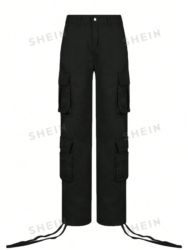 Women's Solid Color Side Flap Pocket Cargo Pants