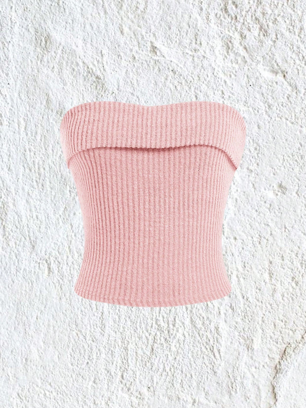 EZwear Solid Color Ribbed Knitted Strapless Top