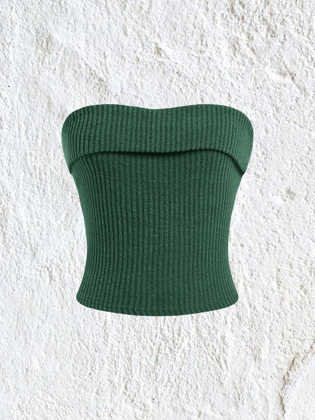 EZwear Solid Color Ribbed Knitted Strapless Top