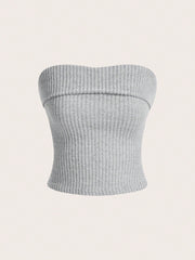 EZwear Solid Color Ribbed Knitted Strapless Top