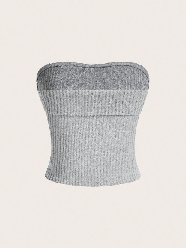 EZwear Solid Color Ribbed Knitted Strapless Top